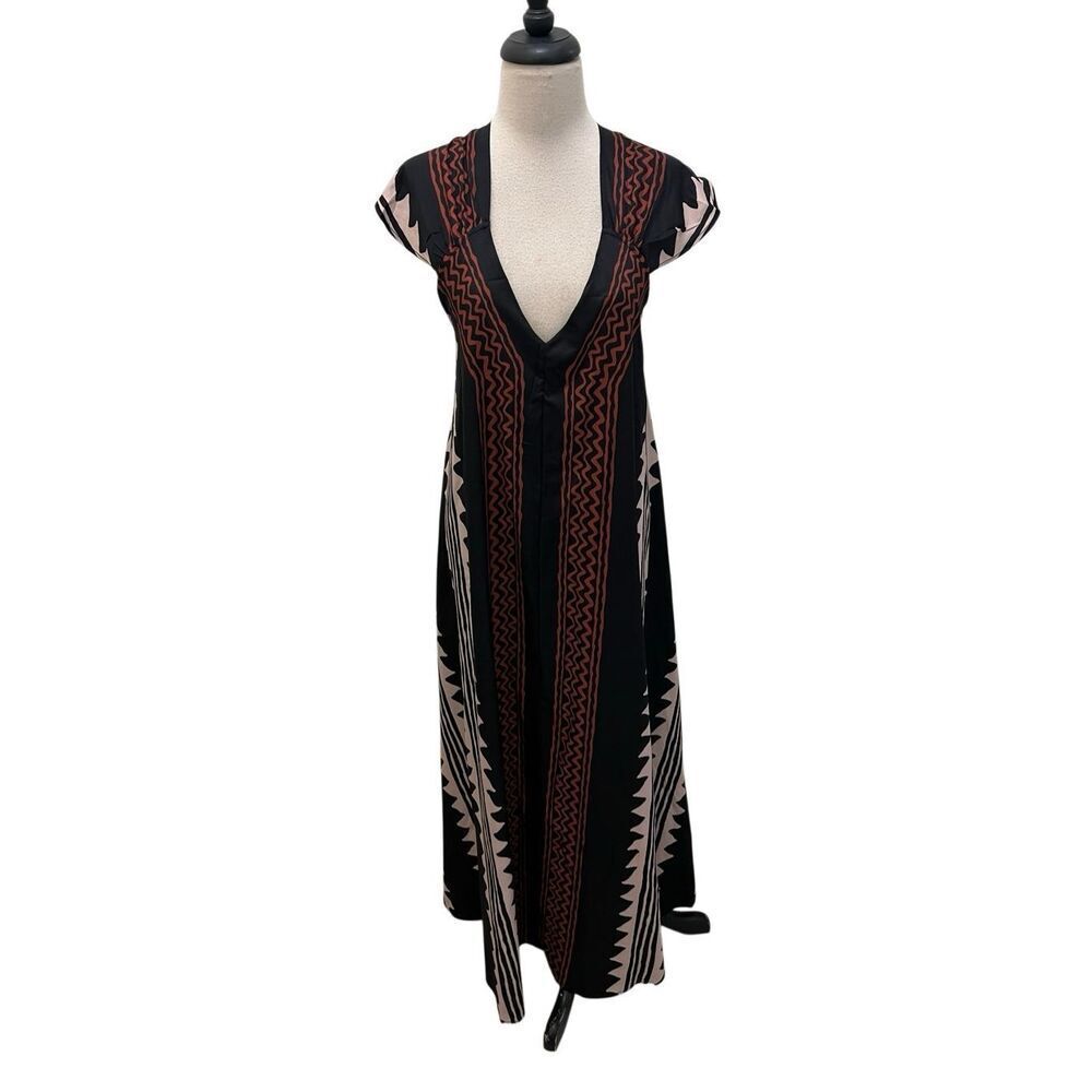 Women's V-Neck Short Sleeve Bohemian Aztec Print Maxi Dress Black Size Small